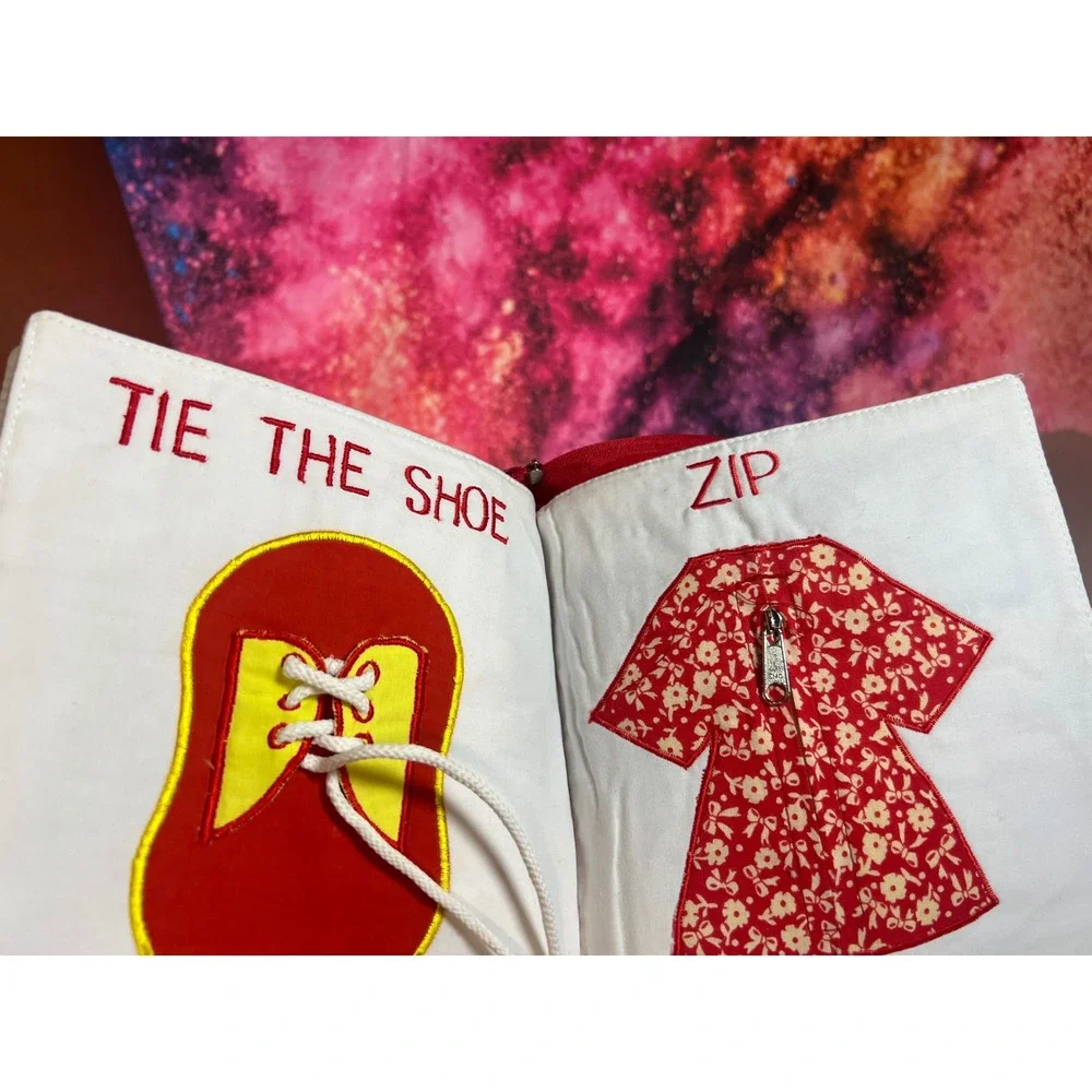Vintage 1989 Pockets of Learning My Quiet Book Red Fabric Sensory Activity Toy